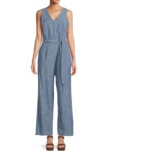J McLaughlin Meline Blue Cotton Jumpsuit Size 8 Belted V Neck